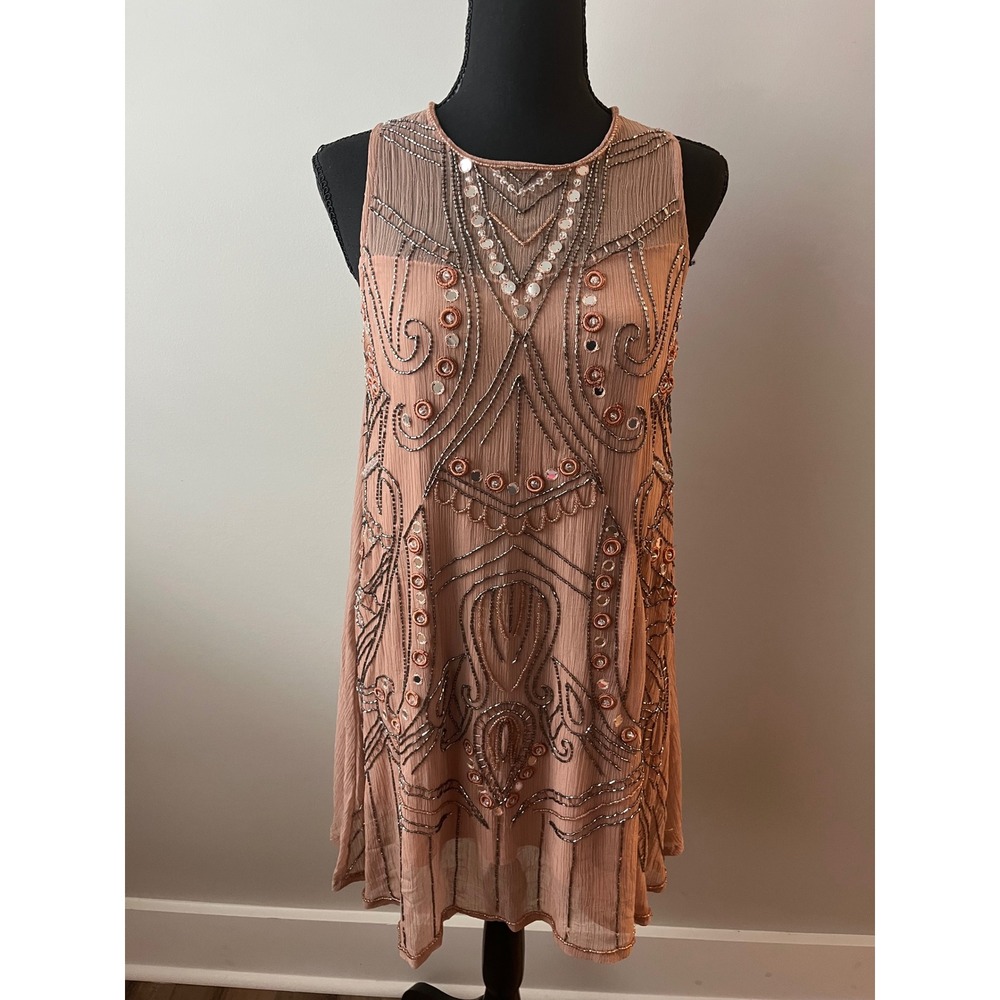 Altar'd State Beaded Flapper Dress Blush Pink Sleeveless Art Deco Gatsby Party S